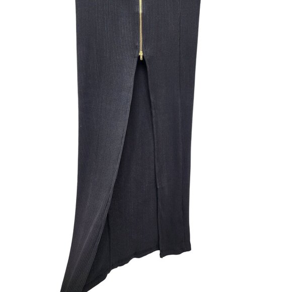 Haute Monde Black Ribbed Midi Skirt Front Zipper Detail Adjustable Slit Size M - Picture 7 of 13